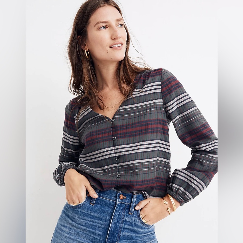 Madewell Pineview Plaid V-Neck Button Up Balloon Sleeve Cotton Shirt